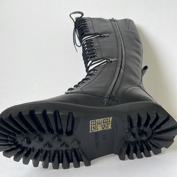 Free People Womens Miller Cut Out Lace Up Knee High Leather combat Boots Black - Picture 7 of 9